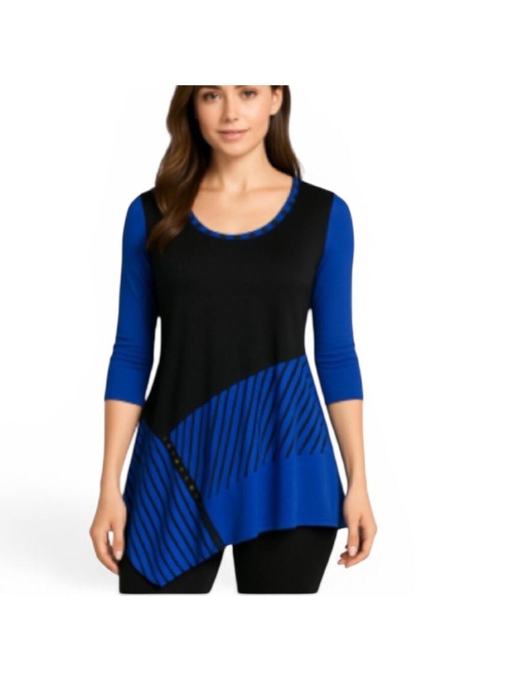 Vintage Inside Out Asymmetrical Scooped Neck Blue Black Tunic Top 3/4 Sleeve XL